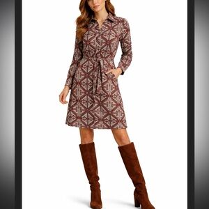 Nieves Lavi Wool Shirt Dress 4 Red Geometric Ethnic Print Belted Long Sl. Boho